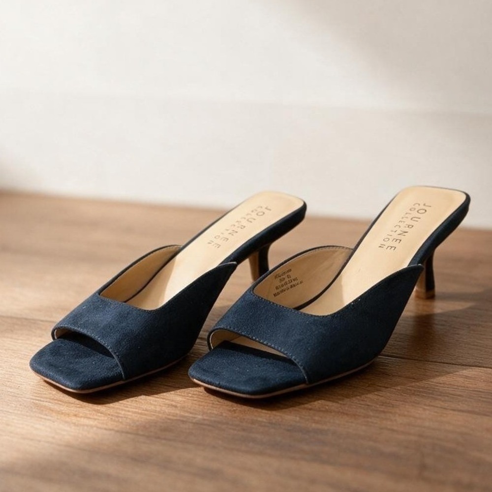 Journee Collection Navy Blue Faux Suede Square Toe Kitten Heel Mules Sandals 8.5